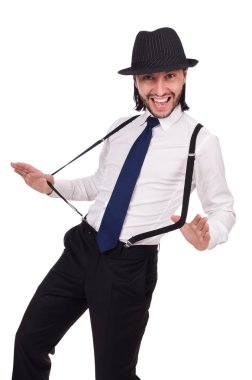 Şapka ve beyaz izole jartiyer giymiş adam