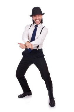 Şapka ve beyaz izole jartiyer giymiş adam