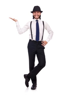 Şapka ve beyaz izole jartiyer giymiş adam