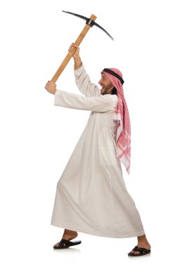 Buz üzerinde beyaz izole balta ile Arap adam