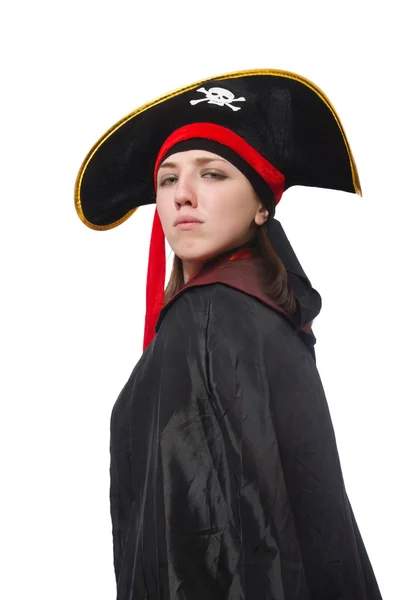 Vrouwelijke piraat in zwarte jas geïsoleerd op wit — Stockfoto