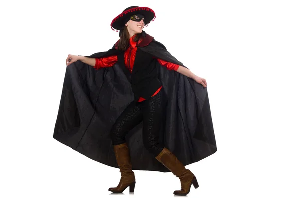 Дівчина в чорно-червоному карнавальному костюмі ізольована на білому — стокове фото