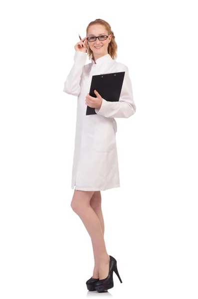 Bardzo kobiece kobieta lekarz trzymając pamiętnik na białym tle — Zdjęcie stockowe
