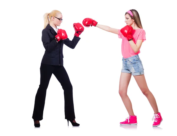 Empresária e desportista boxe isolado em branco — Fotografia de Stock