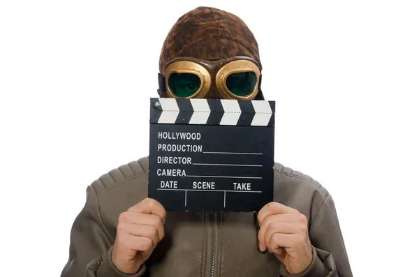 Pilot holding movie clapboard on white — Stock Photo, Image