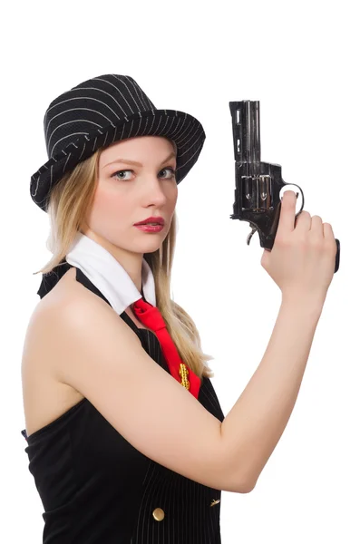 Femme gangster avec arme de poing sur blanc — Photo