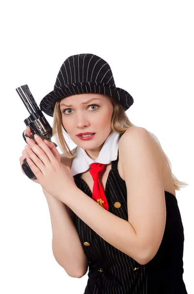 Gangster woman with handgun on white — Stock Photo, Image