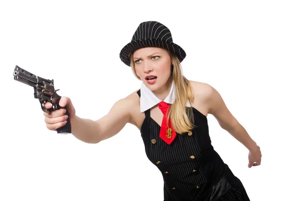 Femme gangster avec arme de poing sur blanc — Photo