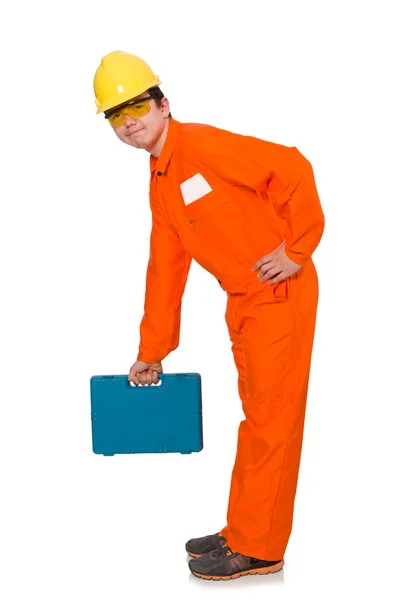 Homem de macacão laranja isolado em branco — Fotografia de Stock