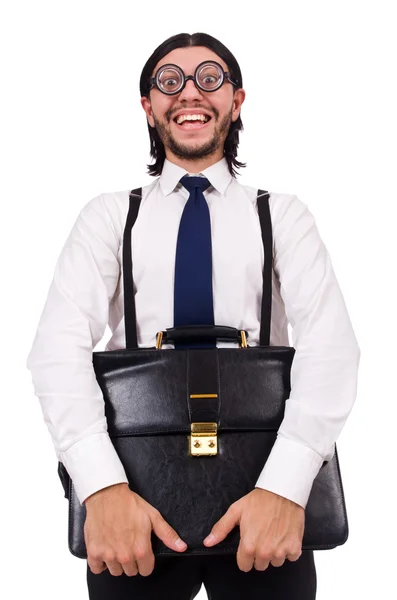 Joven empresario sosteniendo maletín aislado en blanco — Foto de Stock