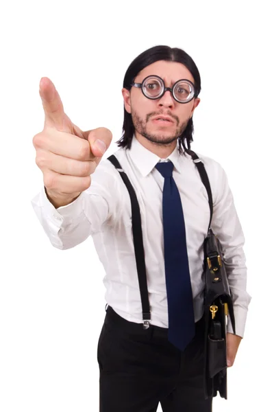 Young businessman holding briefcase isolated on white — Stock Photo, Image