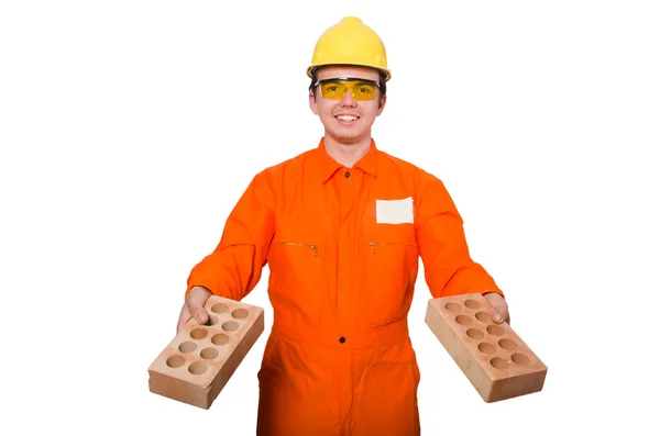 Man in oranje overall geïsoleerd op wit — Stockfoto