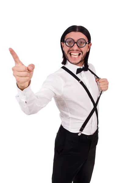 Man wearing suspenders isioated on white — Stock Photo, Image