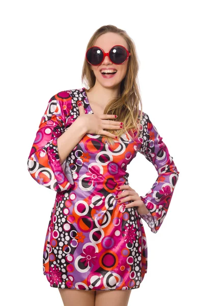 Mooi meisje in jurk met roze prints geïsoleerd op wit — Stockfoto