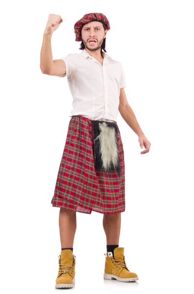 Man in scottish skirt isolated on white