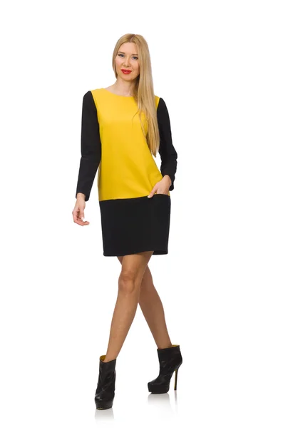 Blond hair girl in yellow and black clothing isolated on white — Stock Photo, Image