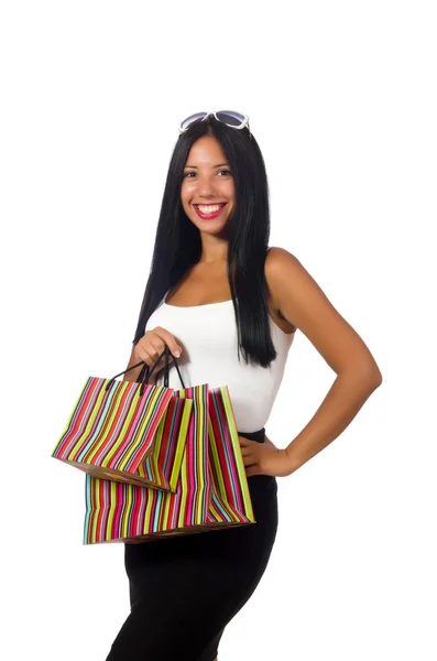 Femme avec sacs à provisions sur blanc — Photo