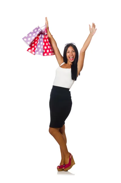 Donna con shopping bag su bianco — Foto Stock