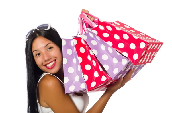 Femme avec sacs à provisions sur blanc — Photo