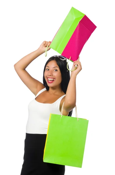 Donna con shopping bag su bianco — Foto Stock