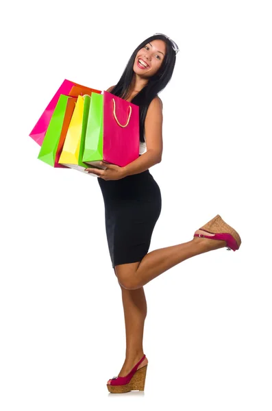 Mujer con bolsas de compras en blanco —  Fotos de Stock