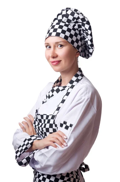 Femme chef en uniforme isolée sur blanc — Photo