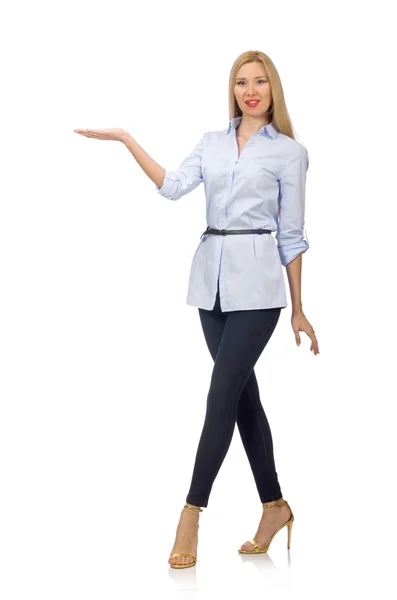 Woman in blue blouse  isolated on white — Stock Photo, Image