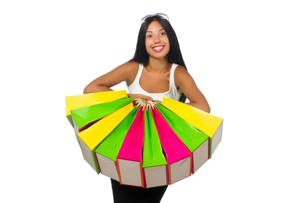 Woman with shopping bags on white Royalty Free Stock Images
