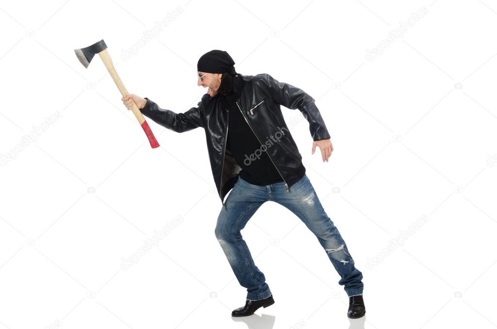 Angry man with axe isolated on white