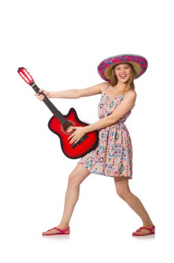 Müzikal konsepti olan beyaz gitarlı kadın