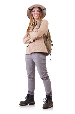 Beyaz safari şapkalı kadın.