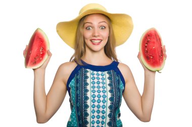 Karpuzlu kadın beyazda soyutlanmış.