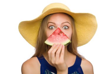 Karpuzlu kadın beyazda soyutlanmış.