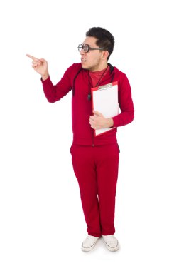 Beyaz üzerine ıslık çalan ve günlük tutan komik eğitmen.