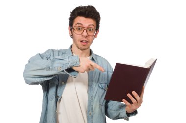 Öğrenci üzerinde beyaz izole kitap ile