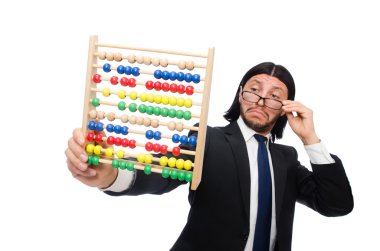 Hesap makinesi ve abaküsü olan komik bir adam.