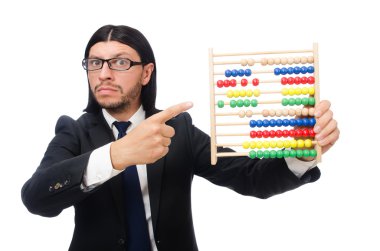 Hesap makinesi ve abaküsü olan komik bir adam.