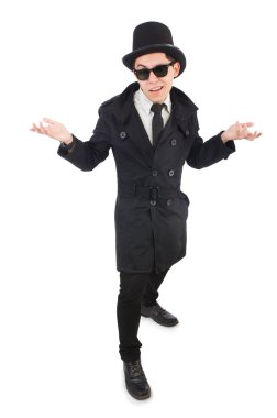 Siyah ceketli genç dedektif, beyazın üzerinde izole edilmiş.