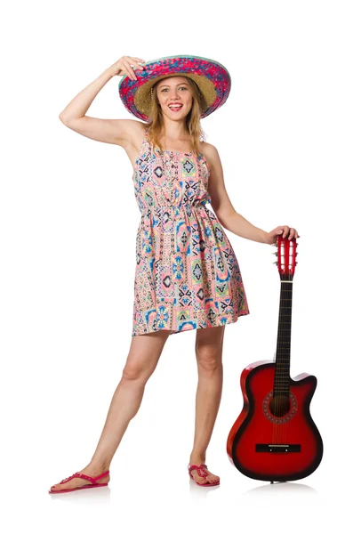 Vrouw in muzikaal concept met gitaar op wit — Stockfoto