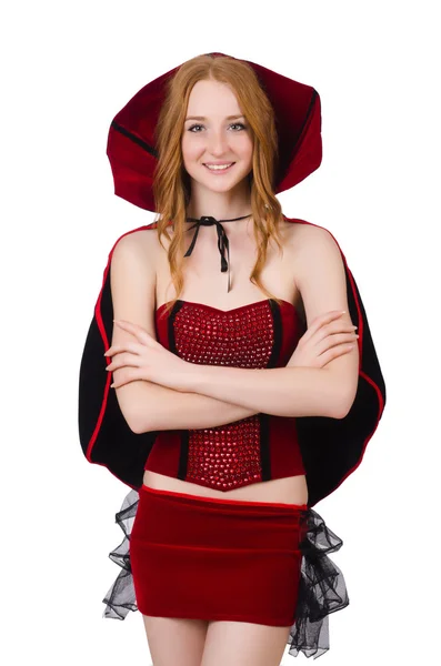 Pretty lady in velvet bordo dress with cap isolated on white — Stock Photo, Image