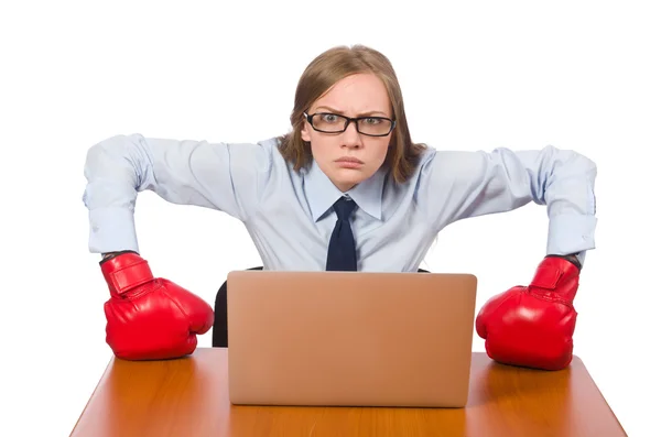 Office employee at job wearing box gloves isolated on white — Stock Photo, Image