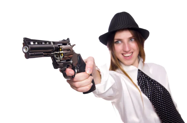 白で隔離拳銃を保持している若い女性 — ストック写真