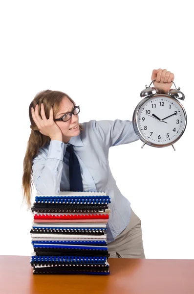 Office employee at work table with documents isolated on white — Stock Photo, Image