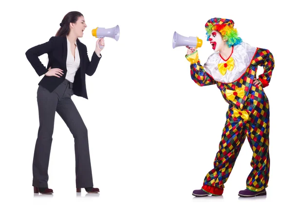 Clown en zakenvrouw met luidsprekers geïsoleerd op wit — Stockfoto