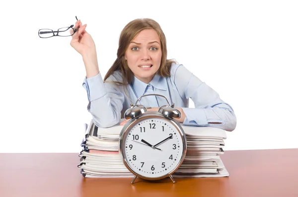 Office employee at work table with documents isolated on white — Stock Photo, Image