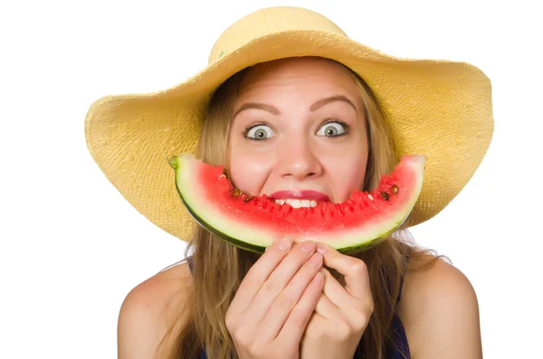 Woman with watermelon isolated on white — Stock Photo, Image