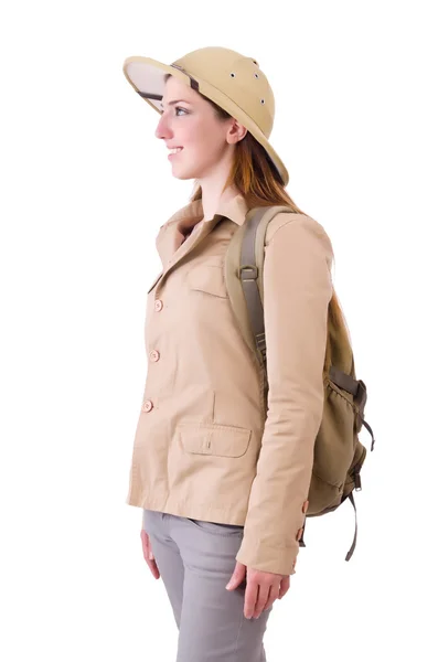 Mujer con sombrero de safari en blanco — Foto de Stock