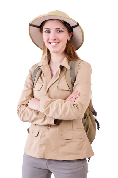 Mulher usando chapéu de safári no branco — Fotografia de Stock