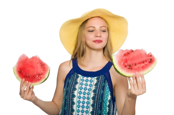 Mujer con sandía aislada en blanco — Foto de Stock