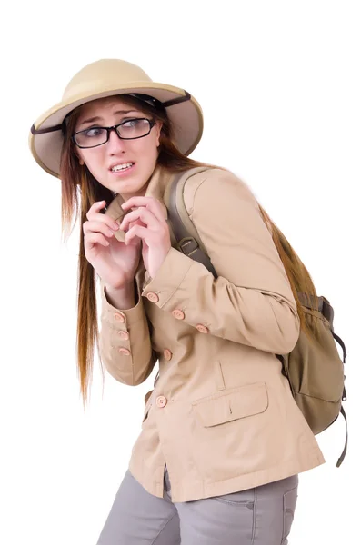 Frau mit Safari-Hut auf weißem Grund — Stockfoto